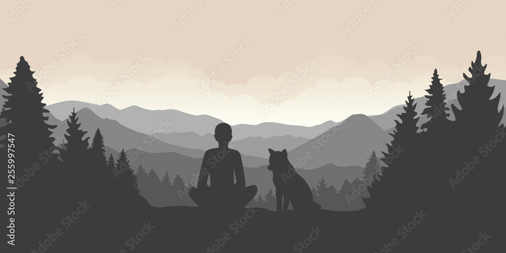 man and his dog are looking into the distance on a mountain and forest landscape vector illustration EPS10