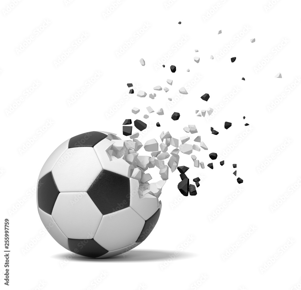 Naklejka premium 3d close-up rendering of football starting to break into pieces and disappear on white background.