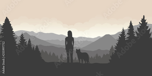 girl and her dog are looking into the distance on a mountain and forest landscape vector illustration EPS10