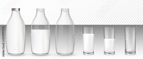 Set of realistic glasses and bottles with a milk.