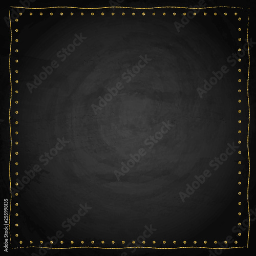 Template for business greeting offer card. Gold shining frame on blackboard