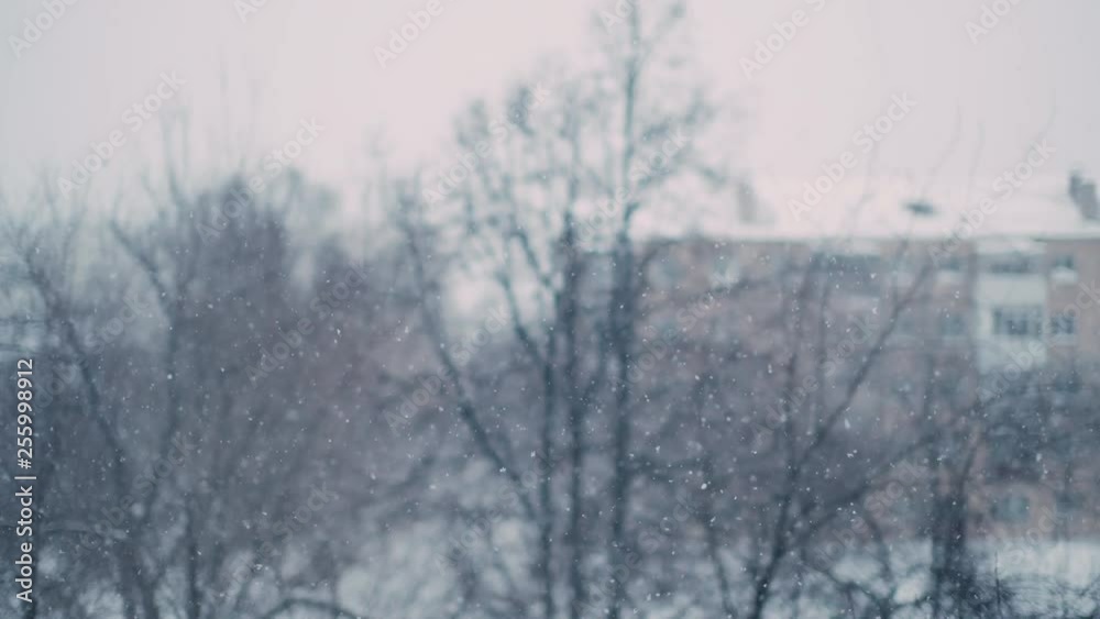Heavy snowfall in the city. Shooting from the window of the house with the bokeh effect. In the background trees and cityscape Heavy snowfall in the city. Shooting from the window of the house with the bokeh effect. In the background trees and cityscape