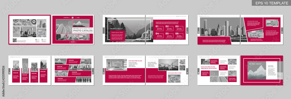 Brochure creative design. Multipurpose template with cover, back and inside pages. Trendy minimalist flat geometric design. Horizontal landscape a4 format. - obrazy, fototapety, plakaty 