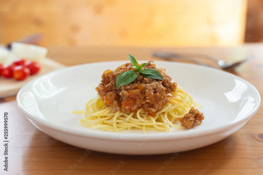 Homemade Spaghetti Bolognese On a wooden table Homemade Spaghetti Bolognese On a wooden table
