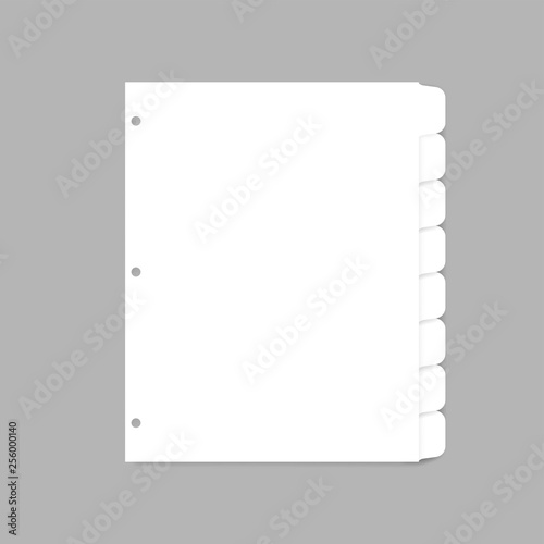 White plastic index dividers for three ring binder - letter size, realistic mockup. Blank filler paper sheets with cut tabs, vector template