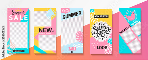 Set ot summer insta templates for stories, sales and news. Backgrounds for your design, for social media landing page, website, mobile app and poster, flyer, coupon, gift card. Vector illustration. photo