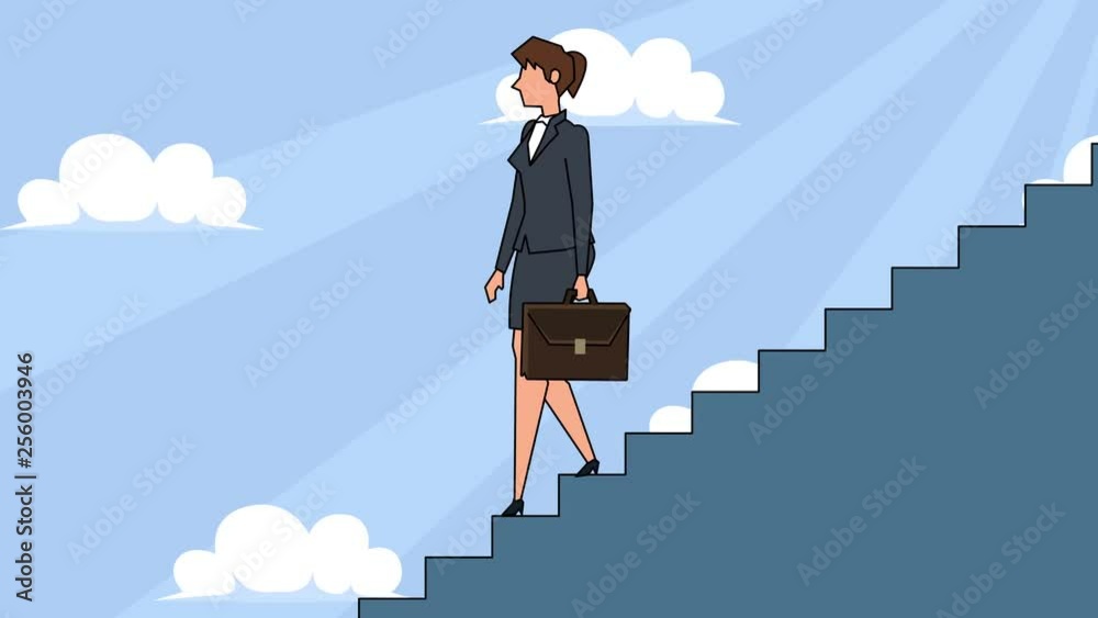 Flat cartoon businesswoman character with case bag goes down the career ladder stairs concept animation Flat cartoon businesswoman character with case bag goes down the career ladder stairs concept animation