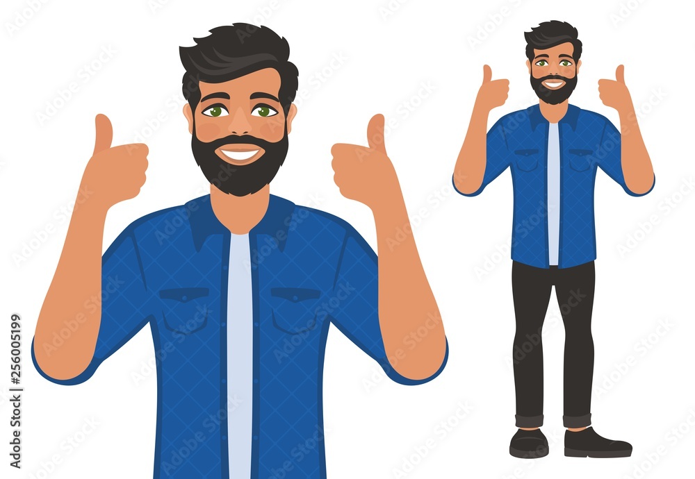 Happy smiling man shows thumbs up. Gesture, symbol or sign Like, cool, agree, approve. Bearded dark-haired guy with green eyes in a shirt. Cartoon positive character on white background. Vector image.
