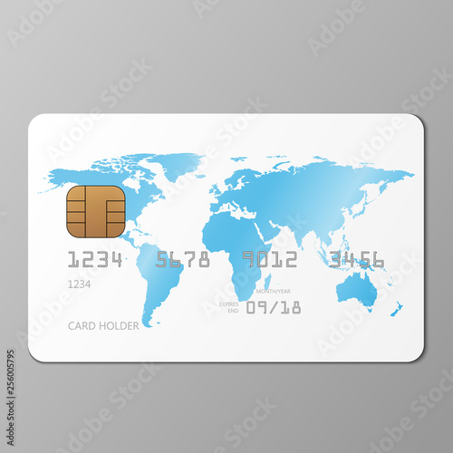 Realistic white credit card mockup template with world map, vector illustration