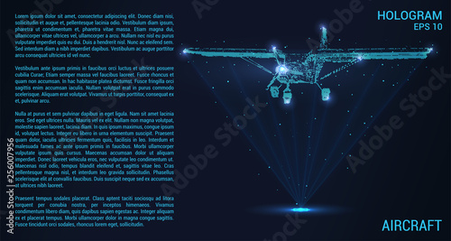 The plane hologram. Digital and technological background single-engine aircraft. Futuristic airplane design.
