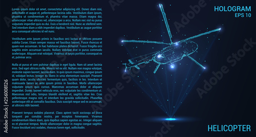 Helicopter hologram. Digital and technological background of the helicopter. The helicopter consists of rays of light.