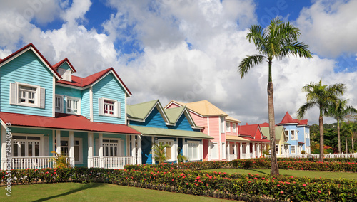 The wooden houses painted in Caribbean bright colors in Samana, Dominican Republic