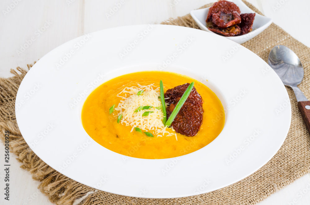 Delicious spicy pumpkin soup with parmesan. Delicious spicy pumpkin soup with parmesan.