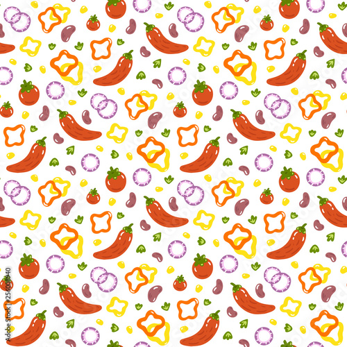 Fototapeta Naklejka Na Ścianę i Meble -  Pattern with chili peppers, tomatoes, beans, sweet peppers, onions, corn, greens. Excellent design for packaging, wrapping paper, menu, kitchen textiles etc.