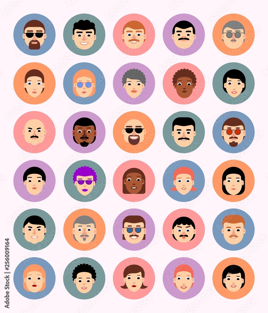 Set faces in circles, avatars, icons, people of different nationalities in flat style Set faces in circles, avatars, icons, people of different nationalities in flat style