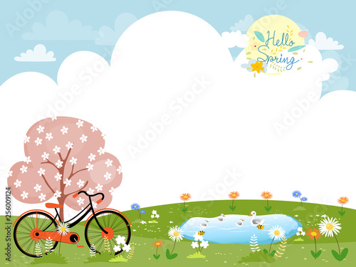 Cute cartoonn Spring landscape with blue sky, Spring flowers and vintage bike with copy spcae, Vector spring tree with bicycle under Cherry tree,  Spring or Summer time banner, card background photo