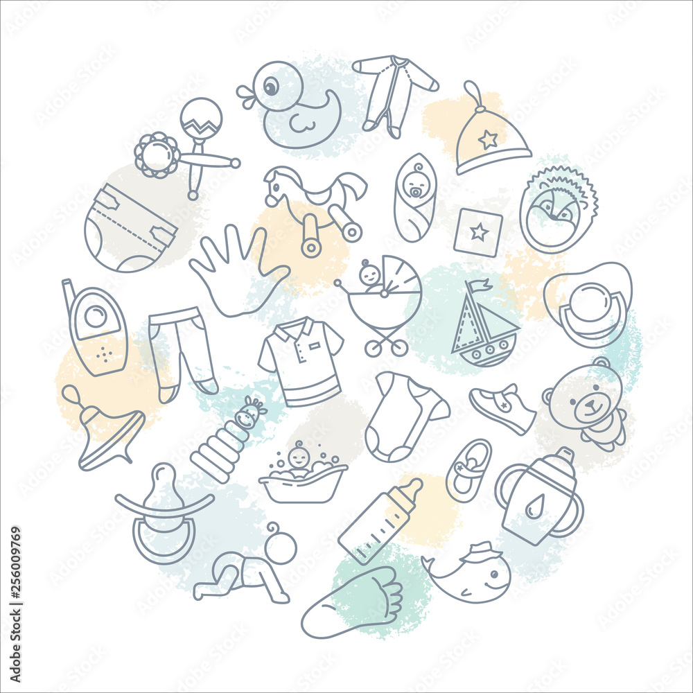 Circular background of children themes with toys, clothes and other elements on the theme of children.