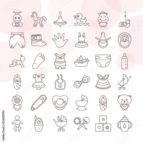 Set of baby toys and clothes icon set isolated on a white background.