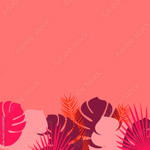 Palm leaves Design template Vector illustration with different tropical leaves on a coral background with copy space