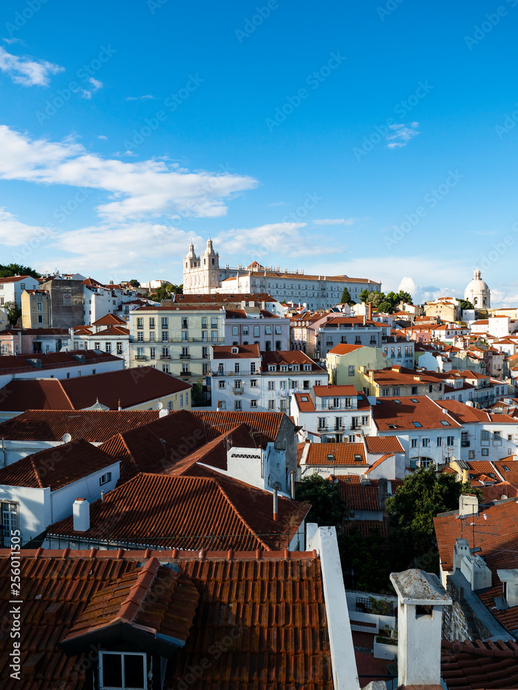 View from the Miradouro Santa Luzia to the old town of Lisbon, behind the monastery church São Vincente de Fora, district Alfama, Lisbon, Portugal,