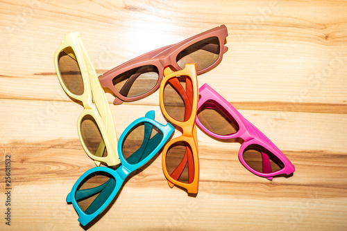 Different colors glasses for passive 3d movies, television or cinema