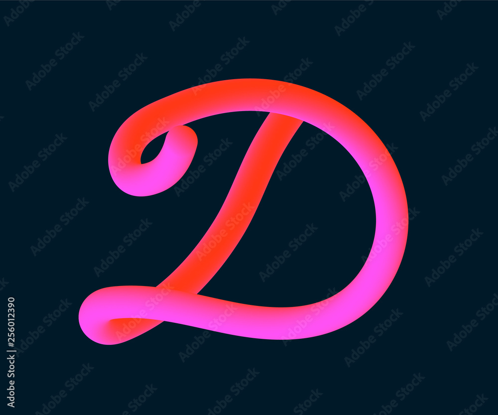 3D Vector tube of the letter D. Calligraphy vector illustration.