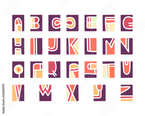 Cut-out alphabet, printmaking lino-cut vector elements on background. Colorful vintage