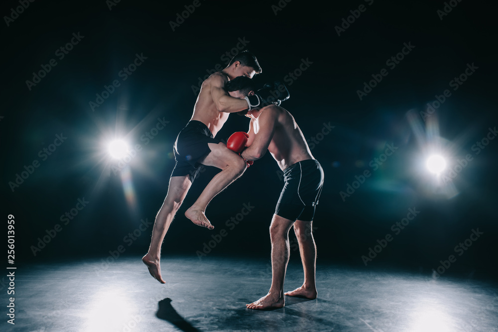 shirtless muscular mma fighter in boxing gloves kicking another with knee