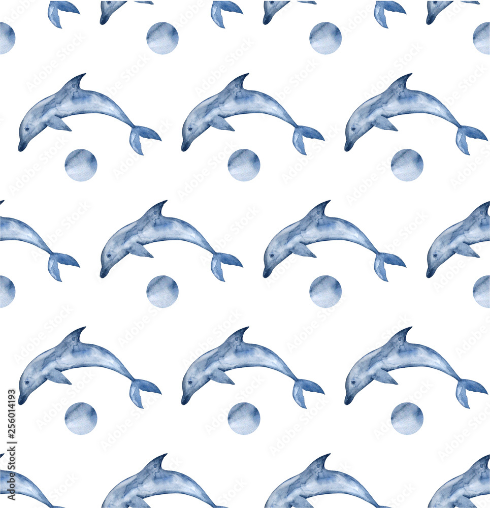 Naklejka premium Watercolor Dolphins background. Hand painted watercolor pattern with stylized blue dolphin.