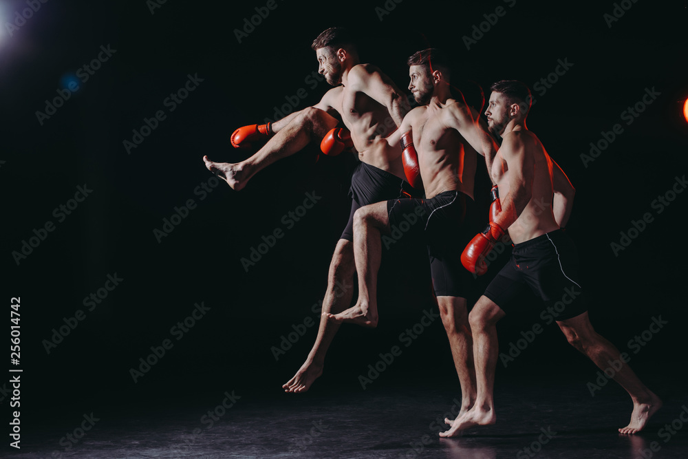 Fototapeta premium multiple exposure of strong shirtless muscular mma fighter in boxing gloves doing kick in jump