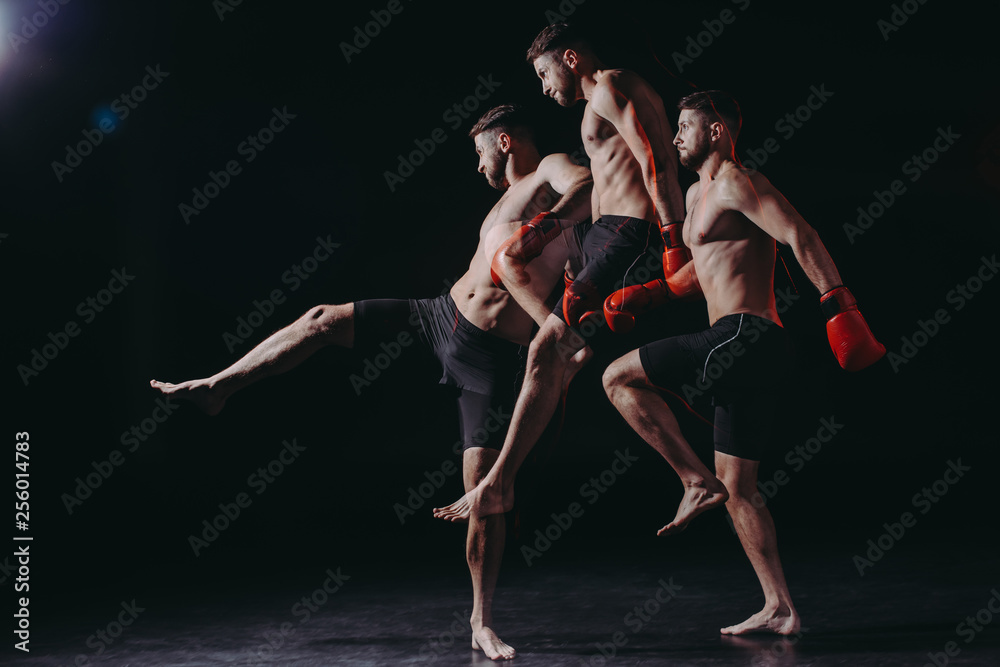 multiple exposure of strong shirtless muscular boxer in boxing gloves jumping and doing kick