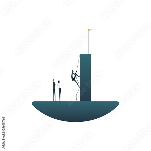 Business leadership vector concept with businessman climbing towards goal. Symbol of business leader, aim, objective, teamwork.