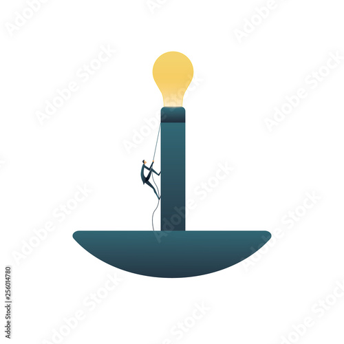 Business creative solutions vector concept with businessman climbing towards lightbulb. Symbol of new ideas, thinking outside the box, brainstorming, invention and innovation.