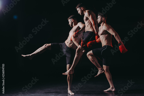 multiple exposure of strong shirtless muscular boxer in boxing gloves jumping and doing kick