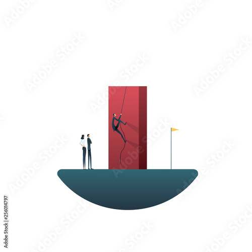 Business leadership vector concept with businessman climbing over wall towards goal. Symbol of business leader, aim, overcoming challenge, objective, teamwork.