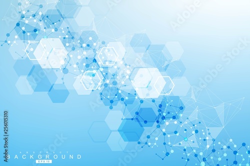 Structure molecule and communication. Dna, atom, neurons. Scientific concept for your design. Connected lines with dots. Medical, technology, chemistry, science background. Vector illustration.