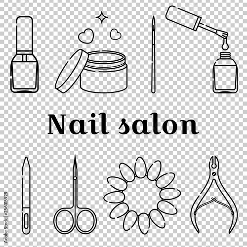 Nail salon and manicure tools. Cuticle nippers and scissors, nail polish, palette and gel paint. Vector flat set of isolated objects in linear style on transparent background