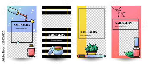 Vector flat set of templates for instagram stories in linear style. Nail salon and manicure. Beauty and fashion illustrations with photo frames.