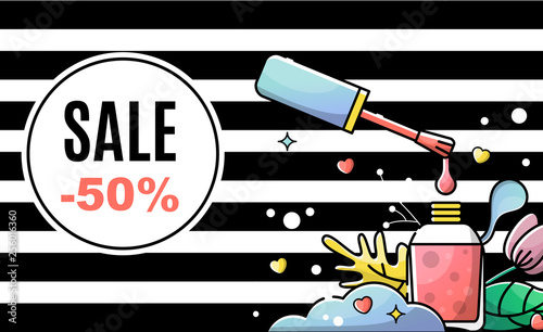 Vector flat banner for nail salon. Sale and discounts. Illustration in linear style with place for text. Poster Template. flyer and invitation card