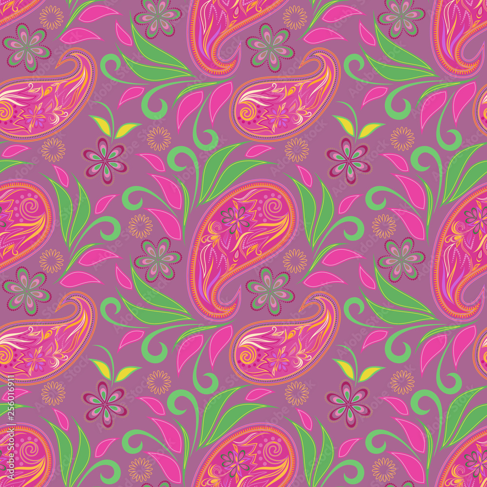 Seamless colorful pattern with paisley and flowers. Purple ethnic ornament. Vector print. Use for wallpaper, pattern fills,textile design.