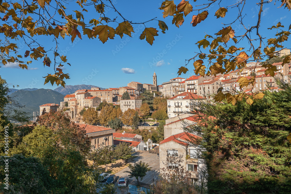 Scenic view of the Corsican city Sartene in a sunny autumn day, France