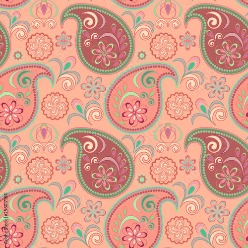 Seamless colorful pattern with paisley. Traditional bright ethnic ornament. Vector print. Use for wallpaper, pattern fills,textile design.
