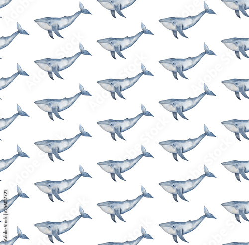 Watercolor whale background. Hand painted watercolor pattern with stylized blue whale