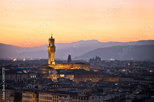 Ancient Florence cityscape and Palazzo Vecchio sunset view