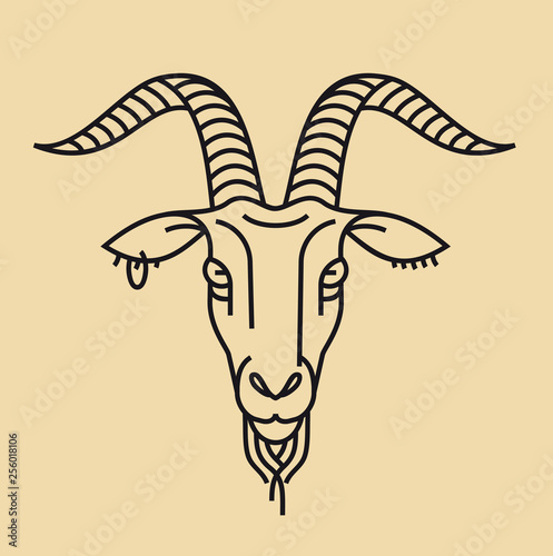 Emblem, badge with a goat's head in the style of linear engravings, armorial symbols. Capricorn zodiac sign.