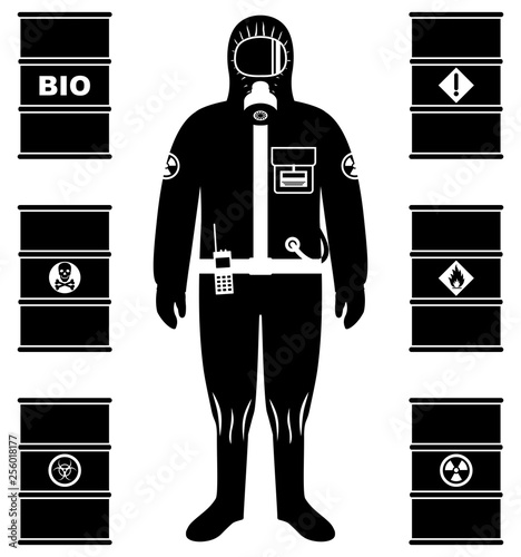 Industry concept. Black silhouette of worker in protective suit. Metal barrels for oil, biofuel, explosive, chemical, radioactive, toxic, hazardous, dangerous, flammable and poisonous substances.