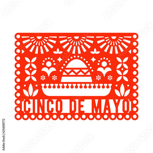 Vector Papel Picado greeting card with sombrero and decorative elements. Cinco de mayo. Paper cut template. Mexican paper garland. photo