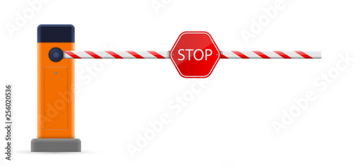 Creative vector illustration of open, closed parking car barrier gate set with stop sign isolated on transparent background. Art design street road stop border. Abstract concept graphic element