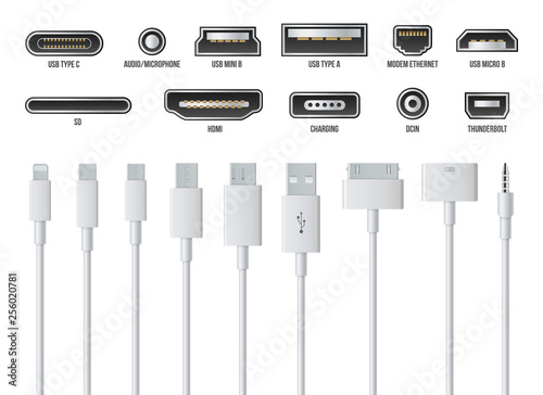 Creative vector illustration of usb computer universal connectors icon symbol isolated on transparent background. Mini, micro, lightning, type A, B, C plugs design. Abstract concept graphic element