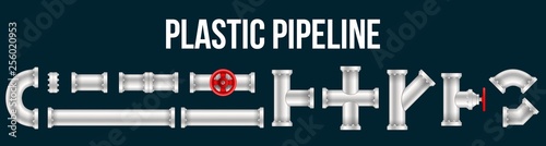 Creative vector illustration of plastic water, oil, gas pipeline, pipes sewage isolated on transparent background. Art design abstract concept graphic ells, gate valve, fittings, faucet element